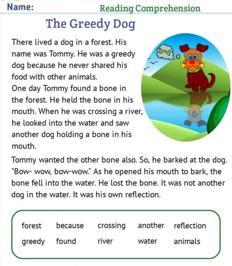 The greedy dog . Reading comprehensive .reading practice worksheet for kids The Greedy Dog Story Images, The Greedy Dog, Greedy Dog Story, Phonics Stories, Reading Practice Worksheets, Aesop Fables, English Comprehension, Stories With Moral Lessons, Dog Reading