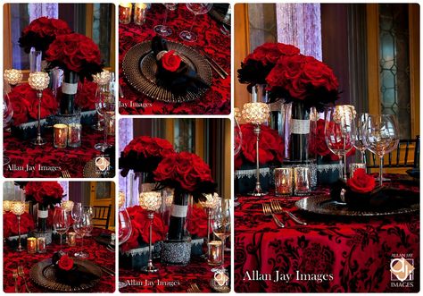 Red tablescape Silver Centerpieces, Gold Wedding Table Decorations, Black Silver Wedding, Black Wedding Table, White Wedding Centerpieces, Black Red Wedding, White Reception, Silver Wedding Decorations, Black Wedding Decorations