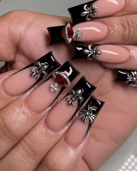 Black Nails With Jewels Rhinestones, Goth Nails With Charms, Dark Blue Nails With Charms, Nails With Cross Gems, Black Latina Nails, Square Nails With Charms, Square Nails With Gems, Planet Charm Nails, Cross Nail Charm