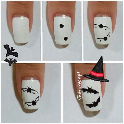 Easy Bat Nails, Halloween Bat Nails, Bat Nails Art, Scary Nail Art, Nails Design Halloween, Halloween Nail Art Tutorial, Diy Nails Easy, Bat Nails, Halloween Nails Diy