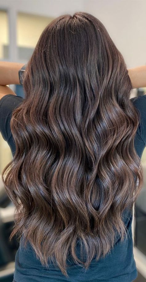 Dark Brown Hair With Light Brown High, Demintional Brown Hair, Light Chocolate Brown Balayage, Teddy Bear Highlights On Dark Brown Hair, Winter Hair Ideas For Brunettes, Brunette Ashy Balayage Hair, Suddle Highlights Dark Hair, Late Brunette Hair, Teddy Brunette Hair