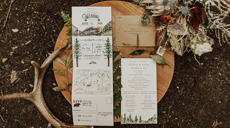 Rocky Mountain Watercolor Quad-Fold - Wide Eyes Paper Co. Park Wedding Invitations, Woodsy Wedding Invitations, Mountain Watercolor, Mountain Wedding Invitations, Folded Wedding Invitation, Wide Eyes, Traditional Invitation, Woodsy Wedding, National Park Wedding