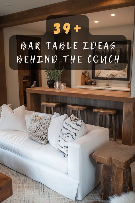 Upgrade your space with 39 bar table ideas behind the couch. 🍷🛋️ These designs feature stylish setups, functional layouts, and creative storage that enhance your entertaining area. Ready to transform your living room? Click to explore all the stylish designs! #BarTableDecor #EntertainingSpace #FunctionalDesign #StylishSetup #LivingRoomEnhancement Dining Table Behind Couch Room Layouts, Curved Sofa Table Behind Couch, Bar Behind Couch Living Room, Space Behind Couch Awkward, Behind Couch Bar, Couch Bar Table, Behind The Couch Storage, Dining Table Behind Couch, Back Of Couch Ideas