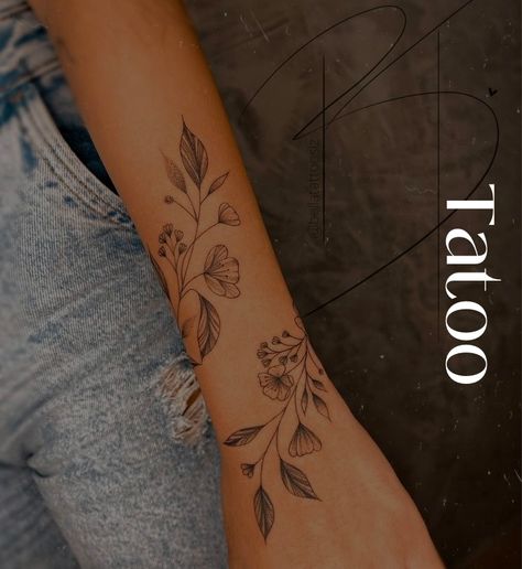 Tattoo Ideas Vine Flowers, Large Tattoos For Women Arm, Marigold Wrap Around Tattoo, Fine Line Wrist Tattoos For Women, Floral Vine Tattoos Sleeve, Wrap Around Flower Tattoo Arm, Floral Wrap Around Tattoo Forearm, Flower Forearm Tattoo, Wraparound Tattoo