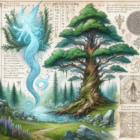 Field Guide | Volume II | Pages 5 - 8: "Of Birchwood Spirits and Rosemary" #aiart #aiartwork #aiartcommunity #aiconceptart #fantasy #fantasyart #fantasynature #fantasylandscape #fieldguide #beastiary #herbarium #birch #spirit #rosemary #river Fantasy Spirit, Fantasy Tree, Fantasy Drawings, Nature Spirits, Fantasy Forest, Dnd Art, Fantasy Creatures Art, Fantasy Concept Art, 2d Art