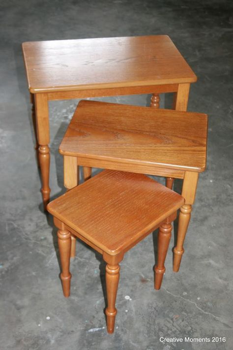 This beautiful trio of nesting tables was refurbished by Lee Ann from Creative Moments in Aurora and Dark Roast! Nesting tables…perfect pieces to save space but… Painted Nesting Tables, Tin Wainscoting, Restoration Hardware Table, Table Upcycle, Faux Fireplace Mantels, Build A Farmhouse Table, Country Chic Paint, Coffee Side Table, Refinish Furniture