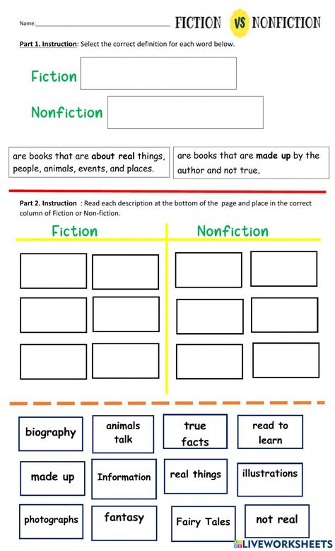 Fiction And Nonfiction Worksheets, Fiction Vs Non Fiction Anchor Chart, Fiction Or Nonfiction Worksheet, Fiction Vs Nonfiction First Grade, Teaching Fiction Vs Nonfiction First Grade, Non Fiction Text Features, Fiction Vs Nonfiction, Women Lawyer, Letter Worksheets For Preschool