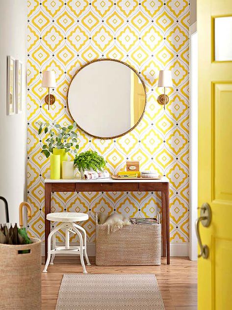 thibaut bungalow wallpaper Accent Wall Hallway, Wallpaper Accent Wall Bathroom, Accent Wall Entryway, Hallway Wallpaper, Vibeke Design, Entryway Table Decor, Entryway Mirror, Easy Diy Decor, Yellow Bedding