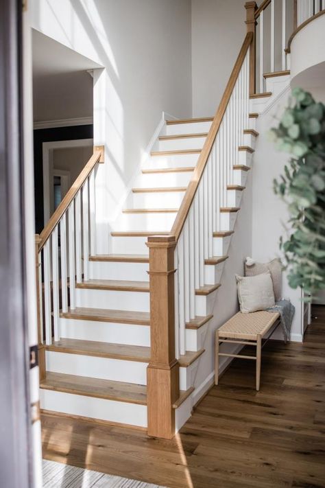 Neutral Textures Abound in This Newly Designed Contemporary Home | Sho and Co | HGTV Stairs Before And After, Wooden Staircase Railing, Cottage Stairs, Wooden Staircase Design, Baddie Bedroom, White Staircase, Stair Makeover, Oak Stairs, Staircase Remodel