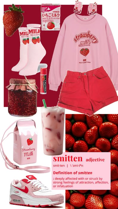 Strawberry Milk Clothes, Strawberry Milk Aesthetic Outfits, Strawberry Milk Outfit, Milk Outfit, Strawberry Core Aesthetic Outfit, Strawberrycore Aesthetic Outfits, Strawberry Clothes Aesthetic, Kawaii Summer Aesthetic, Strawberry Themed Outfit