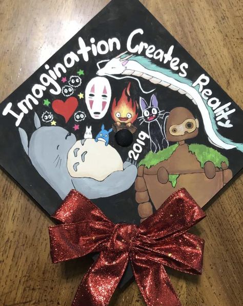 Graduation Cap Designs Studio Ghibli, Grad Cap High School, Studio Ghibli Graduation Cap, Anime Graduation, Disney Graduation Cap, Caps Ideas, College Grad Cap Ideas, Graduation Cap Decoration Diy, High School Graduation Cap