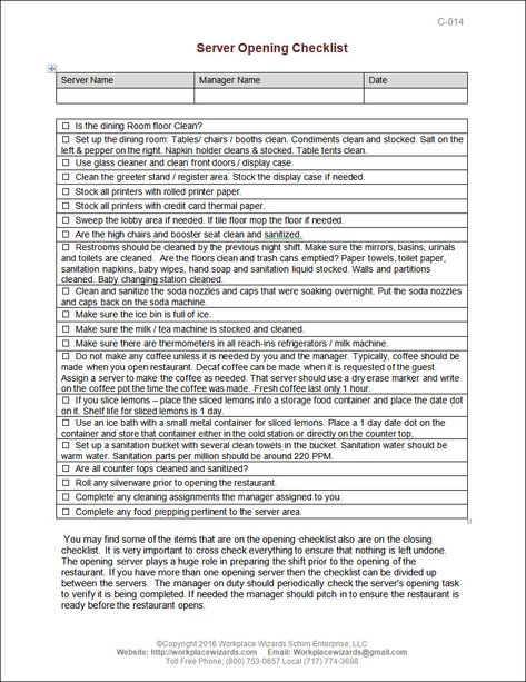 server opening checklist Server Side Work Checklist, Restaurant Side Work Checklist, Restaurant Server Sidework, Server Training Checklist, Restaurant Opening Checklist, Opening A Restaurant Checklist, Restaurant Manager Checklist, Dining Room Cleaning Checklist, Restaurant Checklist