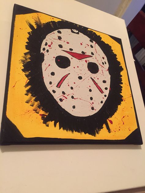 Jason voorhees 12 by 12 hand painted acrylic canvas Jason Voorhees Painting Canvas, Jason Painting Canvas, Painting Ideas On Canvas Horror, Chucky Painting Canvas, Jason Voorhees Painting, Jigsaw Painting, Jason Painting, Horror Movie Paintings Canvas, Horror Movie Paintings