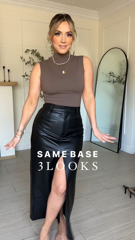 Midi Skirt And Blouse Outfit, Long Black Split Skirt Outfit, Maxi Black Leather Skirt Outfit, Leather Skirt Thanksgiving Outfit, Skirts With Pantyhose Outfits, Fall Fashion 2024 Women Work, Faux Leather Maxi Skirt, Leather Cargo Skirt Outfit, Classy Happy Hour Outfit