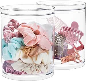 Cluttered Bathroom, Scrunchie Holder, Round Vanity, Storage Organizers, Organizing Hair Accessories, Pin Box, Clear Plastic Containers, Bath Store, Beauty Supplies