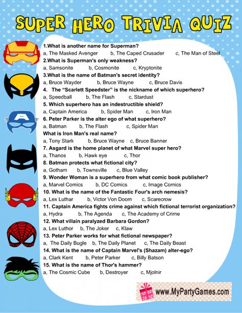 Free Printable Superhero Trivia Quiz Superhero Images Printables, Superhero Scavenger Hunt, Superhero Trivia, Superhero Headquarters, Superhero Quiz, Superhero Lessons, Superhero Games, Superhero Activities, Super Hero Training