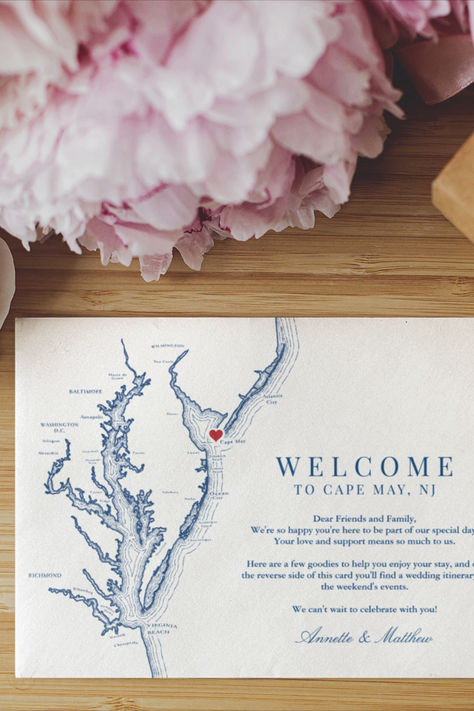 Quick and Easy ordering! Customize these Chesapeake Bay map wedding welcome and itinerary cards with your wedding welcome message on the front, and your weekend events on the back. These are perfect to include with your Cape May, NJ destination wedding welcome bags. Click "Edit using the Design tool" to move the heart, which is shown over Cape May, New Jersey. Artwork by Coastal Map Designs. Cape May New Jersey Wedding, Cape May Nj Wedding, Vintage Nautical Wedding, Elegant Navy Blue Wedding, Cape May Wedding, Wedding Weekend Itinerary, Map Wedding Invitation, Jersey Shore Wedding, Chesapeake Bay Beach Club