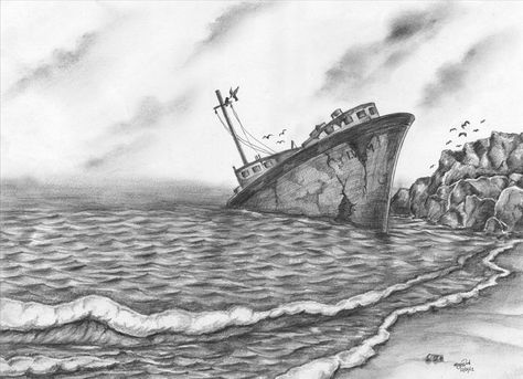 Sinking ship by Justin George Ship Sinking Drawing, Sinking Ship Drawing, Sink Drawing, Ship Sketch, Sinking Ship, Art Charcoal, Journal Books, Pen Art Drawings, Water Drawing