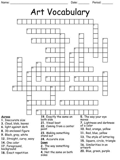 Art Vocabulary Crossword Elements And Principles Of Design Examples Art Worksheets, Art Vocabulary Words, Art Vocabulary Worksheets, Art Worksheets Middle School, Art History Worksheets, Drama Vocabulary, High School Art Worksheets, Kids Activity Sheets, Art Vocabulary