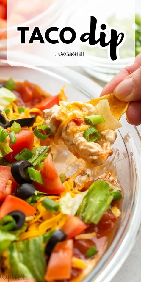 What your game day menu needs! With a rich and creamy base and the best toppings, this layered taco dip is a perfect Super Bowl party food idea to serve with tortilla chips. Save this cold dip recipe for an easy appetizer idea! Taco Dip With Cream Cheese, Cold Taco Dip, Best Party Dips, Hot Dip Recipes, Easy Taco Dip, Easy Game Day Food, Taco Dip Easy, Tacos Dinner, Game Day Food Ideas