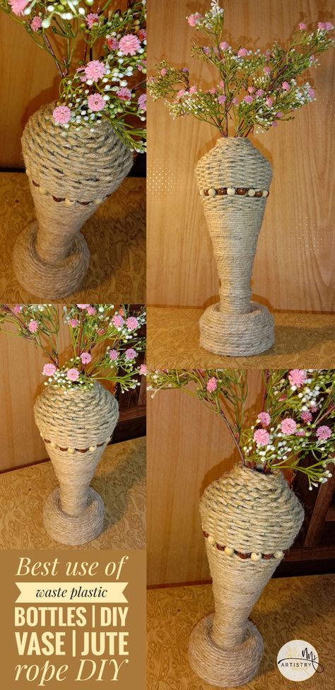 DIY crafts | DIY home decor | DIY room decor | DIY gifts | DIY plastic bottle ideas | plastic bottle crafts | plastic bottle DIY | plastic bottle reuse ideas | plastic bottle recycling | DIY vase | DIY vase ideas recycling | DIY vase  Decor | DIY vase with bottle | jute crafts | DIY vase with jute rope | jute DIY ideas | cute DIY gifts | nns artistry Diy Vase Ideas Recycling, Diy Plastic Bottle Ideas, Vase Plastic Bottle, Diy Vase Decor, Recycling Diy, Plastic Bottle Crafts Diy, Jute Flowers, Reuse Ideas, Vase Ideas