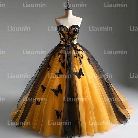 Black And Yellow Prom Dress, Black And Yellow Wedding Dress, Yellow And Black Gown, Black And Yellow Ball Gown, Big Yellow Dress Ball Gowns, Huffle Puff, Yellow Ballgown Aesthetic, Fancy Black Dress, Yellow Wedding Dress