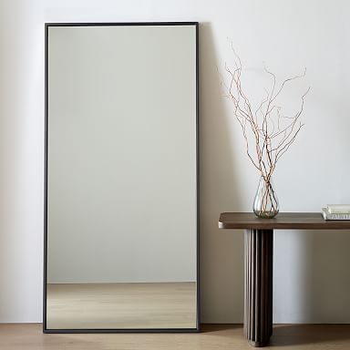 Metal Framed Oversized Floor Mirror, Antique Bronze | West Elm Full Length Mirror Decor, Full Length Mirror Decor Ideas, Floor Mirror Decor, Oversized Floor Mirror, Modern Floor Mirrors, Mirror Decor Ideas, Mirror Living Room, Reclaimed Wood Floors, Leaning Mirror