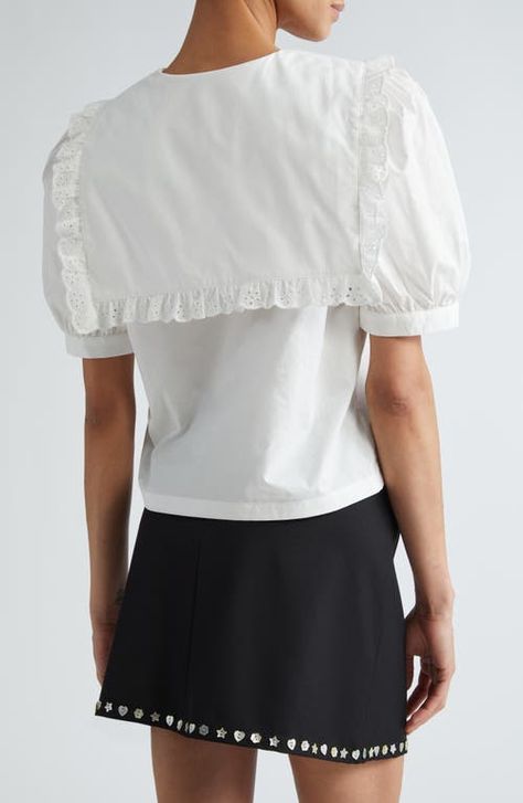 "Find SANDY LIANG Florent Puff Sleeve Cotton Poplin Button-up Shirt on Editorialist. The NYC-based designer adds another delightfully coquettish staple to her arsenal with a puffy-sleeve shirt topped with an oversized sailor collar. Sweetly scalloped eyelet and a trailing bow round out the playful aesthetic. 22\" length (size Medium) Front button closure Sailor collar Short sleeves 100% cotton Machine wash, line dry Imported Designer Clothing Asian & Pacific Islander Owned/Founded" Red Moodboard, Puffy Sleeve Shirt, Moodboard Design, Playful Aesthetic, Pacific Islander, Skirt Swimsuit, Sandy Liang, Sailor Collar, Aesthetic Shirts