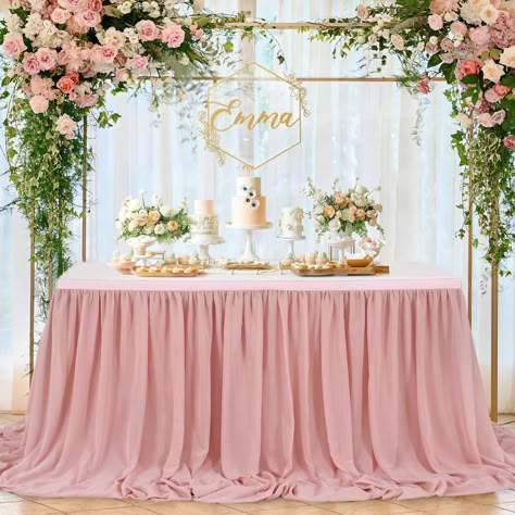 PRICES MAY VARY. 💡 Party Dusty Rose Table Skirt Material: The extra long chiffon table skirt is made of Sheer Chiffon which is wrinkle-free, soft, and with a nice drapery. Table skirt both robust for kids birthday party supplies and elegant if used for wedding decoration. 🌈 Fit 14ft Rectangle Tables or Round Tables: Our chiffon table skirt can be a rectangular table skirt and round table skirt. This 14FT dusty rose table skirt refers to the length of the table skirt, not the table. 14ft (L168i Princess Party Table Setting, Tea Party Baby Shower Ideas Decoration, Blush Baby Shower Decor, Wedding Expo Booth, Tea Party Baby Shower Theme, Baby Girl Birthday Party, Bridal Shower Table Decorations, Blush Pink Decor, Bridal Shower Decoration