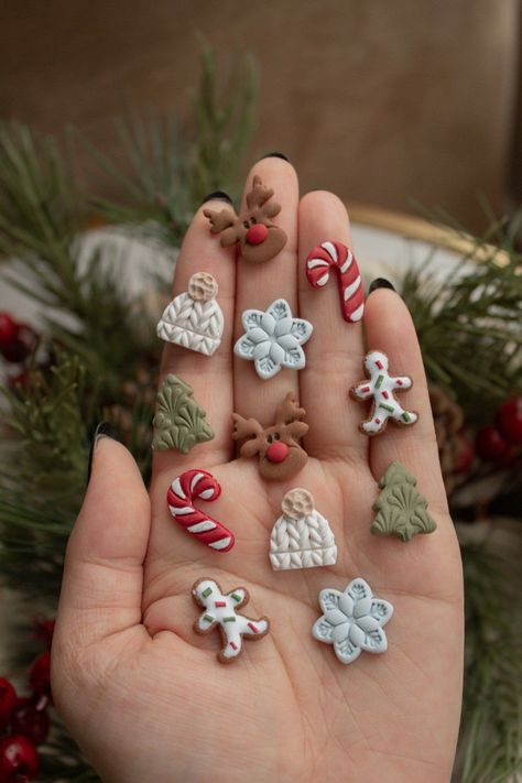 Holiday Stud Pack 2 | Tree Gingerbread Cookie Knit Hat Candy Cane Snowflake Wreath Reindeer Polymer Clay Xmas Decorations, Reindeer Polymer Clay Earrings, Clay Ideas Christmas, Winter Crafts To Sell, Snowflake Wreath, Clay Magnets, Diy Earrings Polymer Clay, Polymer Clay Ornaments, Check Box