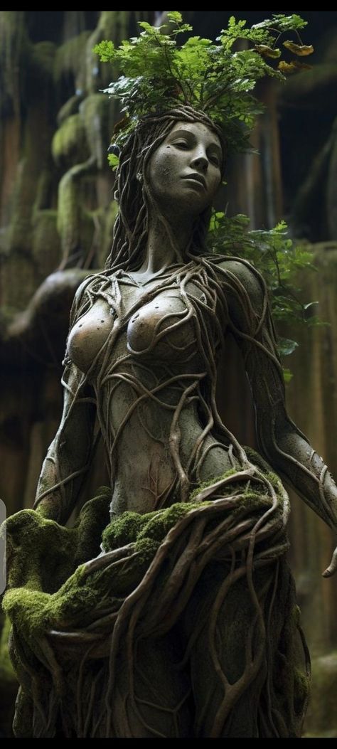 Statue Concept Art, Woman In The Forest, Earth Warrior, Statue Of A Woman, Statue Woman, Warrior Statue, Fantasy Statue, Tree Spirits, Forest Homes