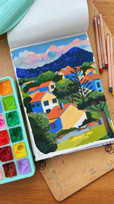 Gouche Illustration Painting, Begginer Gouache Painting, Gouache Pop Art, Miya Himi Gouache Painting, Himi Gouache Art Simple, Gouache Art Ideas, Gouache Sketchbook Ideas, Gouache Cityscape, Gouche Illustration