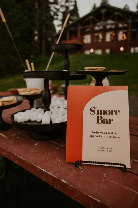 Reception Smores Bar, Camp Wedding Activities, S’more Wedding, Smores At Wedding, Bonfire At Wedding, Wedding After Party Bonfire, S’mores Set Up Wedding, S’mores Wedding Bar Ideas, Fall Camp Wedding