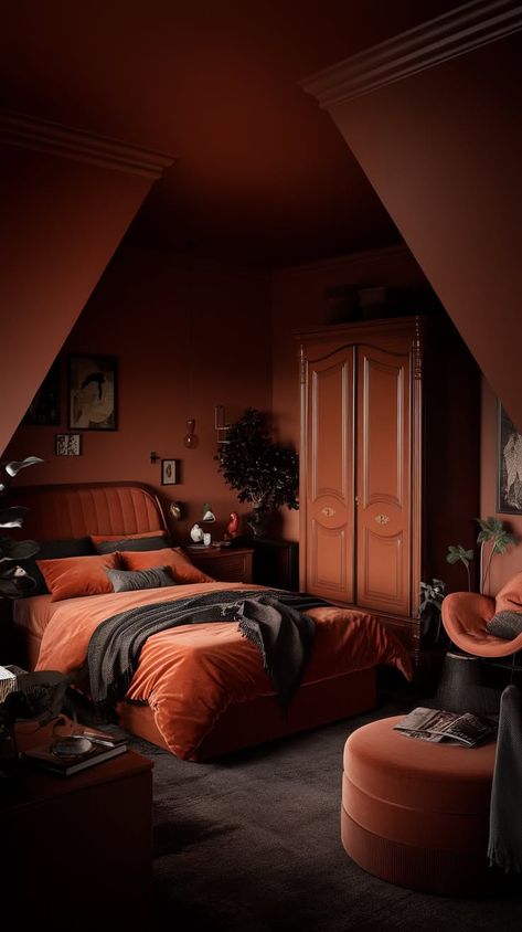 40+ Splendid Moody Bedroom Ideas for a Rich and Inviting Ambiance Dark Bedroom With Fireplace, Urbane Bronze Bedroom, Dark Paint Bedroom, Moody Bedroom Paint, Rust Bedroom Ideas, Moody Bedroom Paint Colors, Dark Romantic Bedroom, Bronze Bedroom, Cool Loft Beds