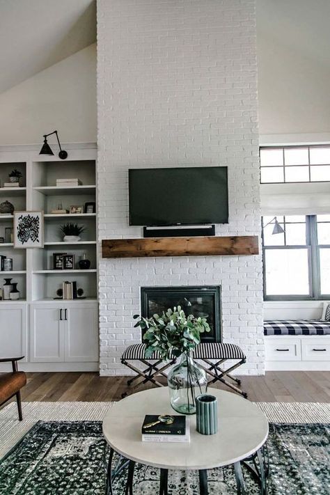 pinterest: chandlerjocleve instagram: chandlercleveland Cozy Modern Farmhouse Living Room, White Brick Fireplace, Andy Mineo, Modern Farmhouse Living Room Decor, Farmhouse Living Room Decor Ideas, Modern Farmhouse Living, Modern Farmhouse Living Room, Farmhouse Interior, Farmhouse Decor Living Room