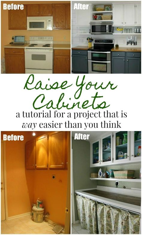 Open Bottom Kitchen Cabinets Ideas, Wasted Space Above Kitchen Cabinets, Turn Cabinets Into Open Shelving, Top Of Cabinet Storage, Raising Cabinets, Raised Kitchen Cabinets, Above Cabinet Storage, Raised Cabinets, Heart Diy