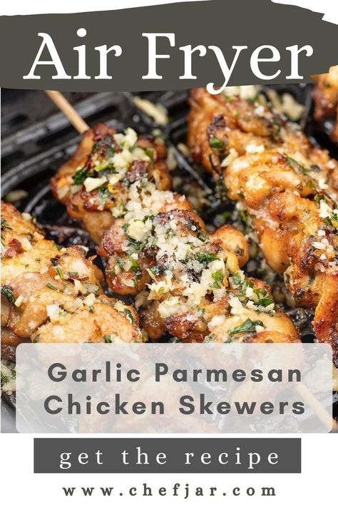 Craving bold flavors? Try our Air Fryer Garlic Parmesan Chicken Skewers! Tender, juicy bites with a crispy coating, infused with savory garlic and Parmesan. Air Fryer Garlic Parmesan Chicken, Garlic Parmesan Chicken Skewers, Parmesan Chicken Skewers, Air Fryer Garlic, Chicken Skewer Recipe, Skewer Recipes, Garlic Parmesan Chicken, Parmesan Chicken, Air Fryer Dinner Recipes