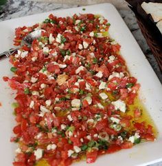 Greek Feta Dip with baguette rounds. Embarrassingly easy to make, but it never fails to garner requests for the recipe! JL Greek Bruschetta, Greek Feta Dip, Cavenders Greek Seasoning, Bruschetta Dip, Cold Dips, Greek Seasoning, Feta Dip, Party Things, Snacks Für Party