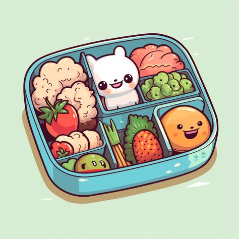 Cute cartoon bento box with colorful side items Bento Box Drawing Reference, Bento Box Illustration, Bento Box Drawing, Bento Box Anime, Lunch Box Drawing, Aesthetic Reference, Preschool Prep, Kawaii Bento, Box Project