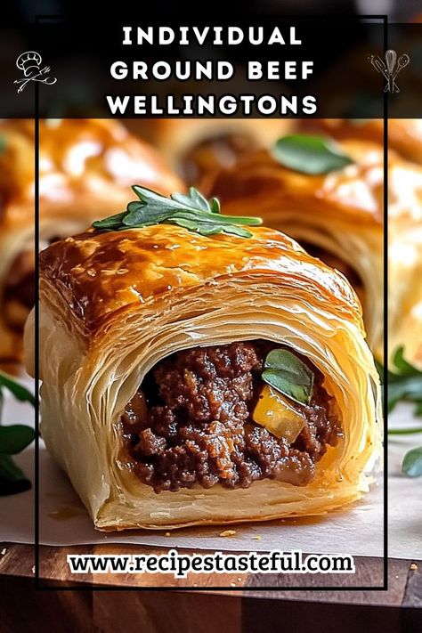 These Individual Ground Beef Wellingtons combine savory beef patties and rich mushroom duxelles wrapped in flaky puff pastry, making them a perfect dish for any special occasion or family dinner. Serve with a delicious Marsala Mushroom Sauce or your favorite gravy for an impressive and satisfying meal. Ground Beef Wellington, Individual Beef Wellington, Puff Pastry Recipes Savory, Mini Beef Wellington, Pastry Making, Beef Wellington Recipe, Beef Patties, Savory Dinner, Dinner With Ground Beef