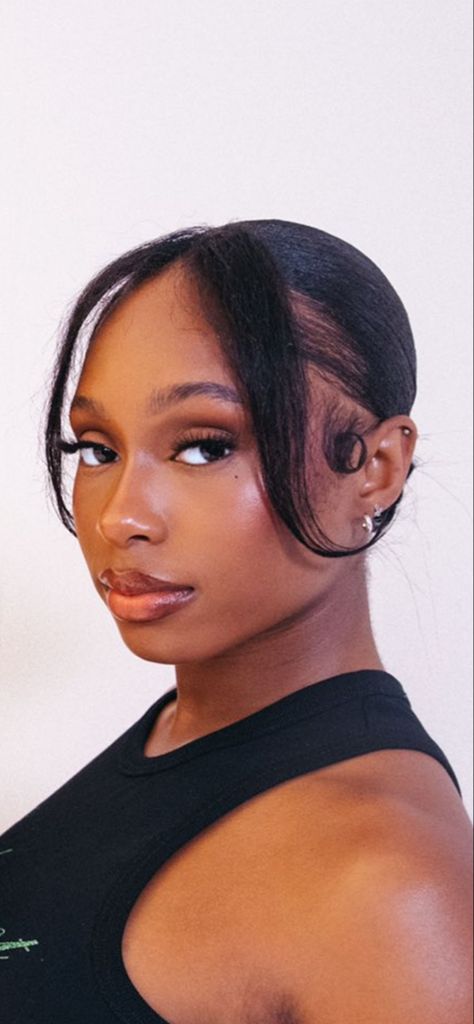 Hairstyles For Big Foreheads Black Women, Everyday Hairstyles For Natural Hair, Sleek Bun With Bangs Black Women, Relaxed Hair Bun Hairstyles, Sleek Back Bun 4c Hair, Chic Natural Hairstyles For Black Women, Curtain Bangs On Relaxed Hair, Low Bun And Bangs, Sleek Bun With Two Strands