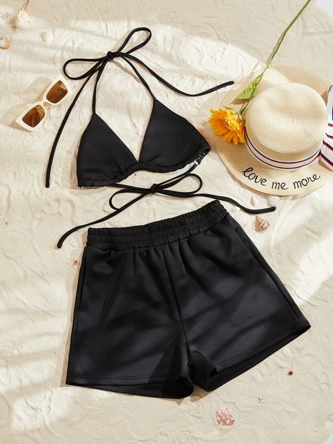 Vacation Swimsuit, Swimsuit With Shorts, Top Halter, Crop Top Outfits, Black Swimwear, Crop Top And Shorts, Swimsuits High Waisted, Swimwear Outfit, Teenage Fashion Outfits