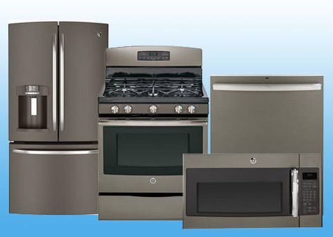 Appliance Colors - Is Slate the New Stainless? Appliance Colors, Slate Appliances Kitchen, Furniture Checklist, Ge Slate Appliances, Slate Appliances, Stainless Steel Kitchen Appliances, New Home Furniture, Brass Kitchen Faucet, Kitchen Appliance Packages