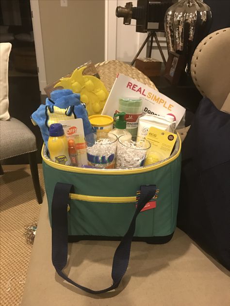 Cooler Basket Ideas, Cooler Bag Gift Basket, Summer Marketing Ideas Gifts, Summer Fun Raffle Basket, Summer Themed Raffle Basket, Ice Chest Gift Basket, Summer Fun Basket Ideas Silent Auction, Beach Cooler Gift Basket, Cooler Gift Basket Ideas