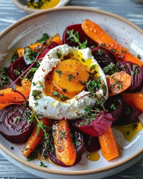 Gordon ramsay | Roasted Beet and Carrot Salad with Creamy Burrata | Facebook Beet And Carrot Salad, Roasted Beets And Carrots, Burrata Salad, Golden Beets, Burrata Cheese, Beet Recipes, Red Beets, Carrot Salad, Roasted Beets