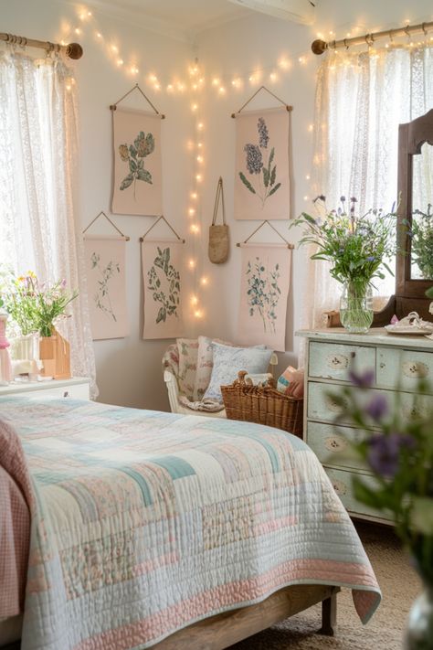 Cozy bedroom with floral artwork, string lights, and a quilted bedspread. Cozy Room Cottagecore, Cute Room Ideas Cottagecore, Wildflower Bedroom Aesthetic, Cottage Aesthetic Bedroom, Cozy Cottagecore, Boho Bedroom Aesthetic, Cotagge Core Bedroom Ideas, Dreamy Room Aesthetic, Cute Cottage Core Bedding