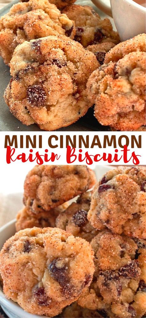 These Mini Cinnamon Raisin Biscuits are a nice alternative to cookies. The biscuit texture is extremely tender and studded with plump soft raisins. Cinnamon Raisin Cake, Cookies With Raisins Recipes, Cinnamon Raisin Recipes, Baking With Raisins, Recipes With Raisins Baking, Recipes Using Raisins, Raisin Desserts, Recipes With Raisins, Raisin Biscuits Recipe