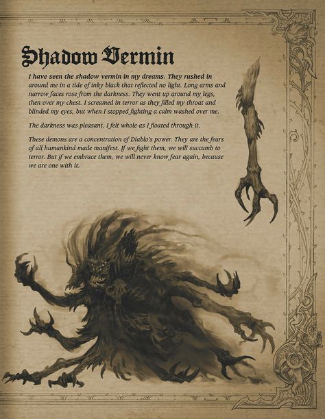 ArtStation - Book of Adria: A Diablo Bestiary | Shadow Vermin, Konstantin Vavilov Lovecraft Monsters, Monster Book Of Monsters, Blizzard Entertainment, Book Design Layout, Dungeons And Dragons Homebrew, Mythological Creatures, Landscape Poster, Fantasy Aesthetic, Medieval Fantasy