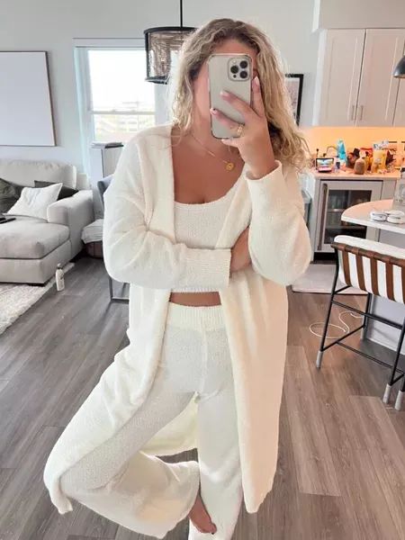 My favorite fuzzy lounge set for fall and winter! Such a great find on Amazon - link below! Fuzzy Lounge Set, Xmas List Ideas, White Loungewear, Winter Basics, Amazon Link, Xmas List, Lounge Set, Lounge Sets, Fall And Winter