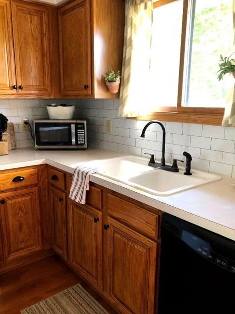 Update Oak Cabinets, Updating Oak Cabinets, Light Oak Cabinets, Stained Kitchen Cabinets, Update Kitchen Cabinets, Honey Oak Cabinets, Oak Cupboard, Rental Kitchen, Oak Kitchen Cabinets